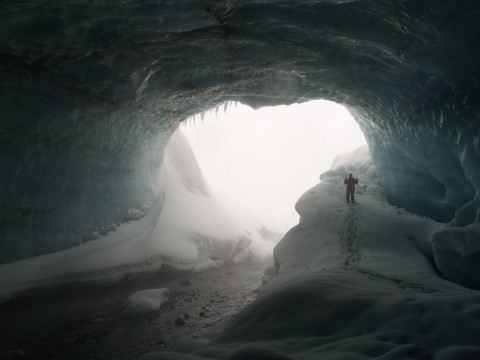 The ice cave is formed by a warm geothermal river coming from way under the glacier.