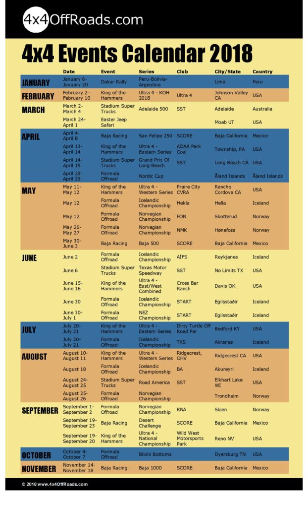 4x4 Events Calendar 2018