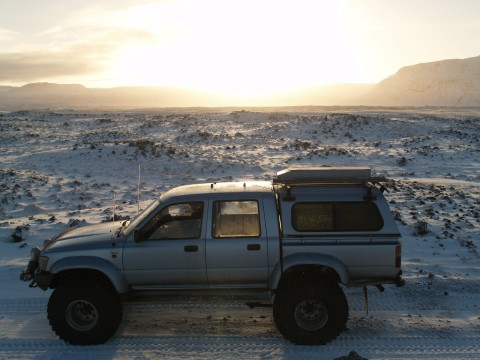 Bessi and his co-driver in the Toyota Double Cab...