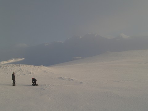 The fog comes and goes. Here are the peaks close by - but barely visible...