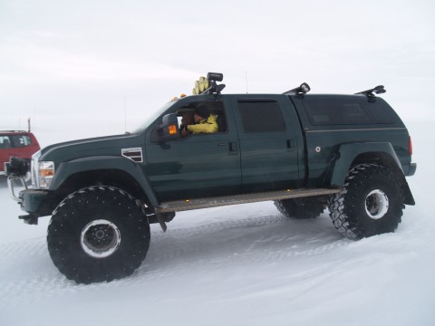 The big tires work well in the type of snow we have today. They can easily just step on it and fly by.